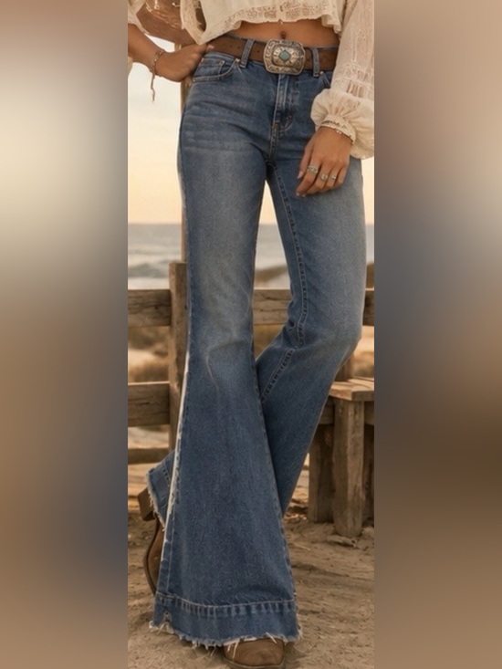 Express Denim - Express ’70s Flare Mid Rise Jeans 4R Medium Wash Raw Hem 100% Cotton Boho